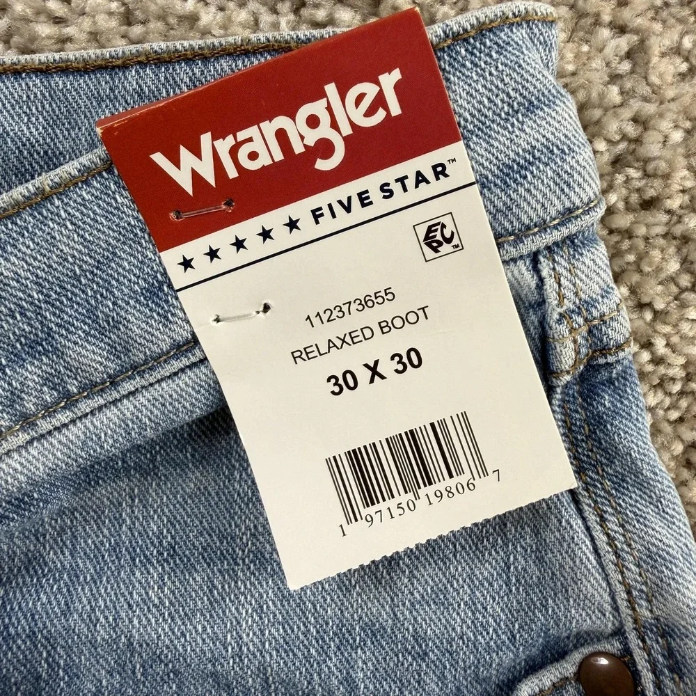 Wrangler Five Star Relaxed Boot Jeans Mens 30x30 Light Wash Blue Denim Stretch